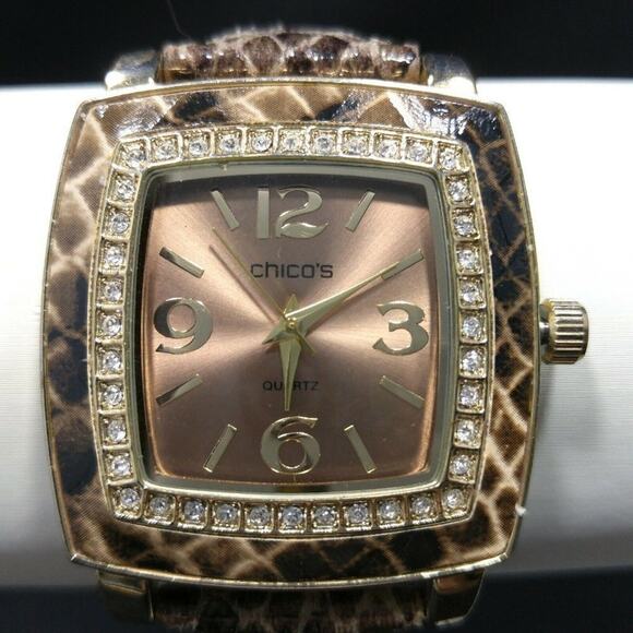 Chico's Faux Snake Skin Leather Watch, Clear Rhinestone Frame, 9 Inches - Picture 1 of 10